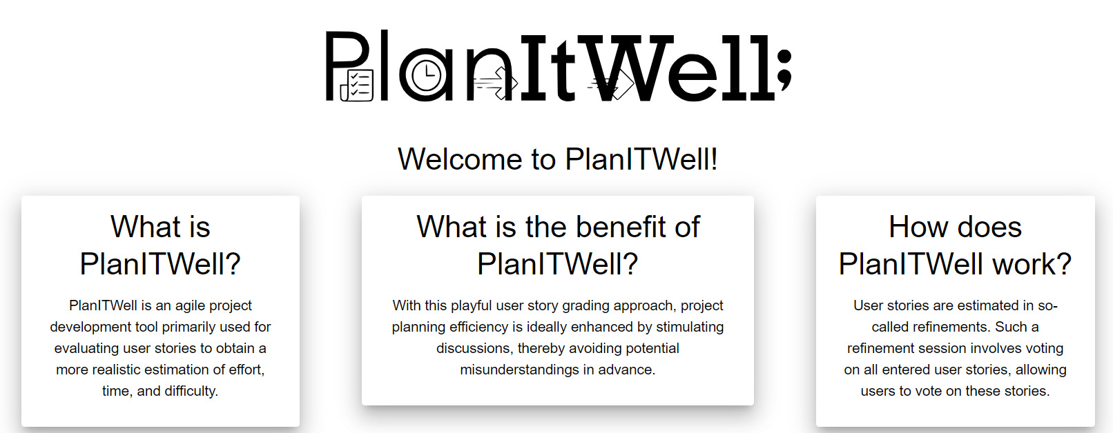 PlanItWell home page with the custom logo and three cards explaining what PlanItWell is, its benefit and how it works.