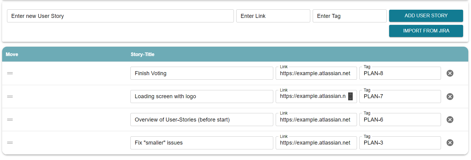 Story setup table: input fields to add a user story with link and tag, buttons for adding and importing from Jira, and a list of stories with drag handles.